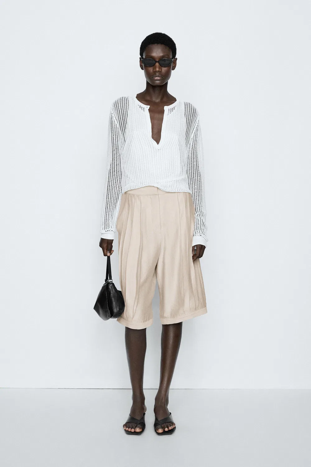 Шорты Massimo Dutti, плиссированные, струящиеся, Stone