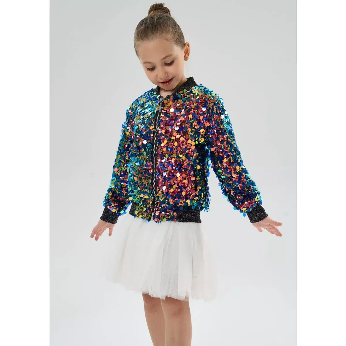 Детская куртка-бомбер для девочек с пайетками Fiesta Glow Ombre Sparkle Sequin Bomber 2Bunnies, Multicolor — фото 3