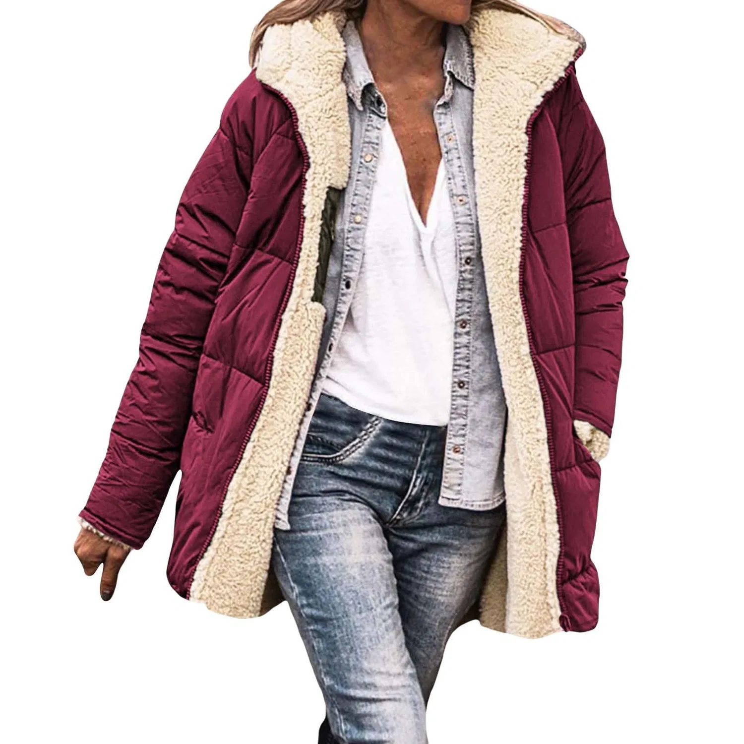 Женская куртка на молнии с флисом, двусторонняя, теплая, vino