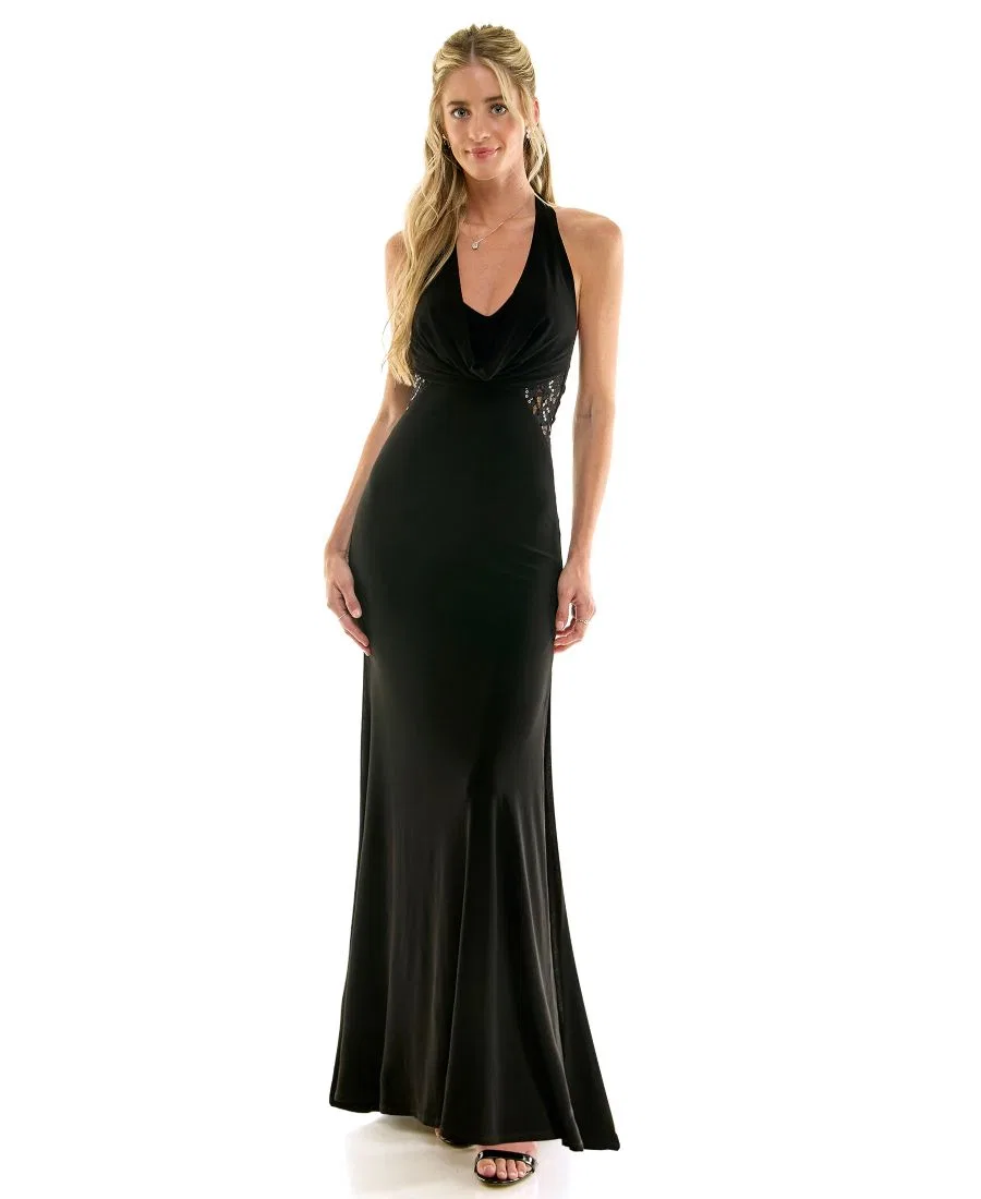 Платье для выпускного вечера с пайетками, драпировкой и разрезом, Elegant Draped Halter Sequined Gown Emerald Sundae, Black