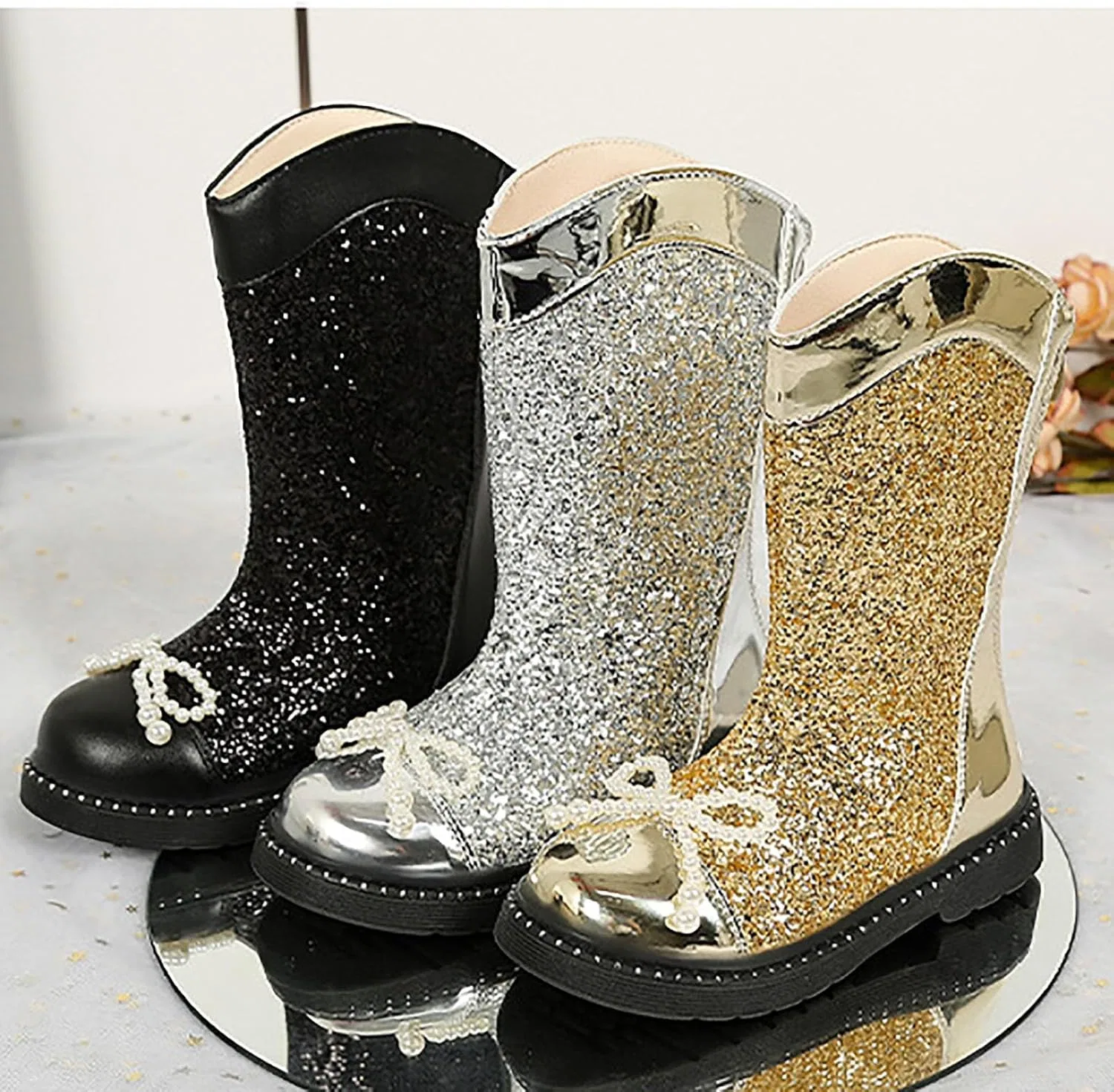 Детские сапоги для девочек с принтом и блестками Pearl Bowknot Decoration Glitter Knee High Boots, Black — фото 4