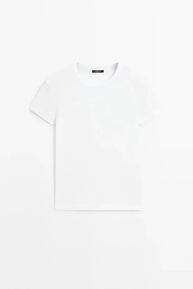 Женская хлопковая футболка с коротким рукавом Massimo Dutti, Cream — фото 4