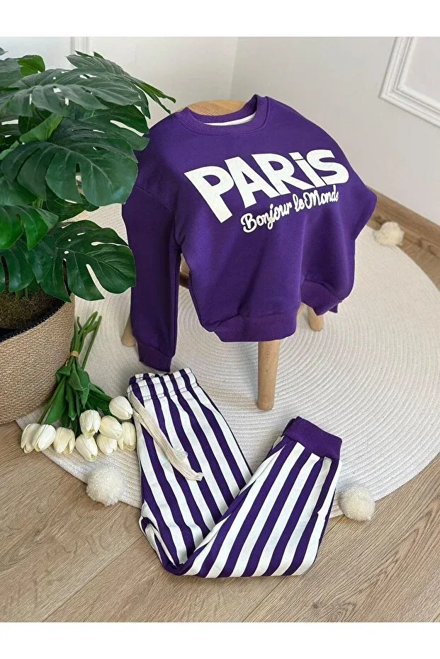 Детский спортивный комплект для девочек с принтом Paris printed tracksuit set Booni Jooni, Purple — фото 3