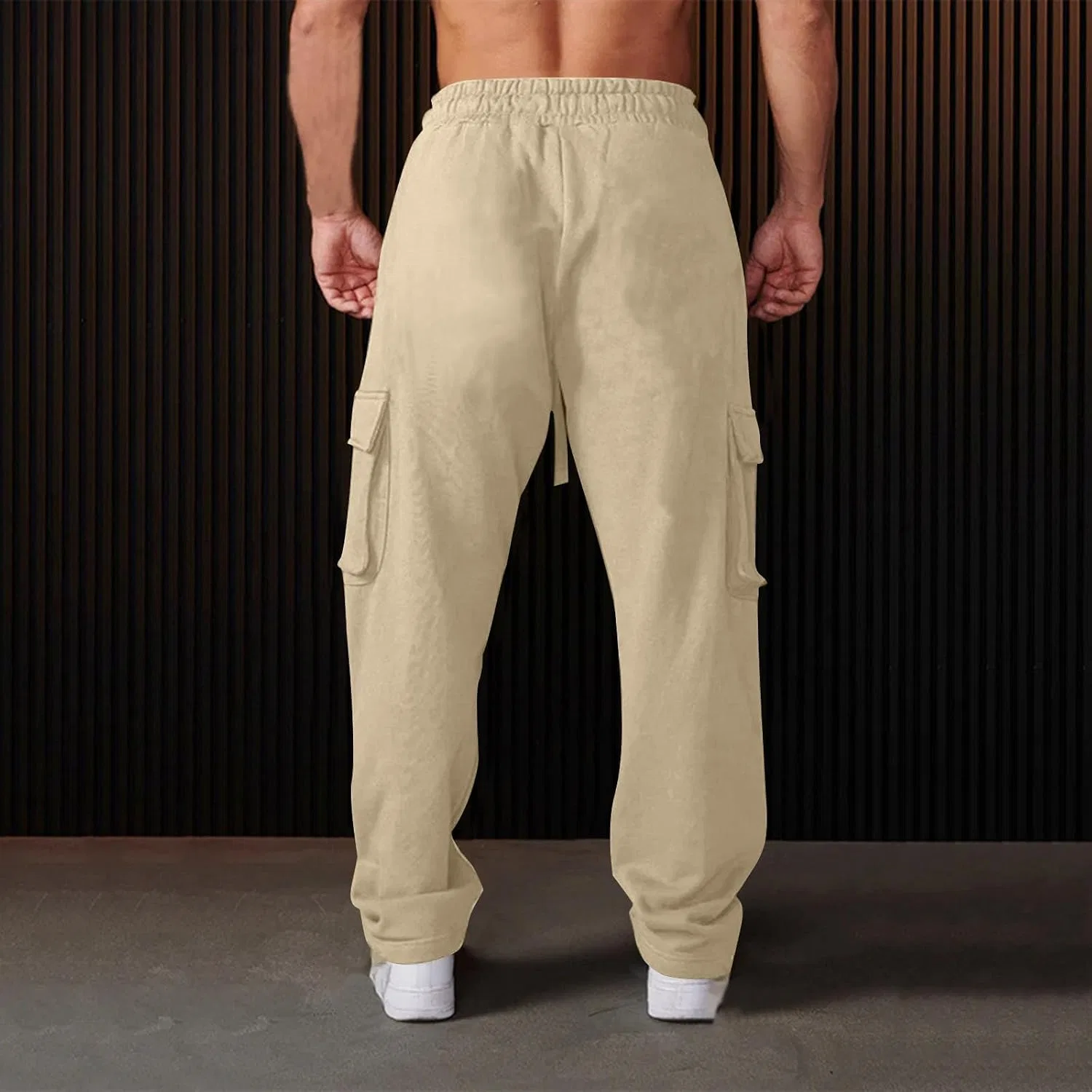 Мужские широкие спортивные штаны Baggy Track Pants с завязками на поясе и карманами на молнии, бежевый — фото 3