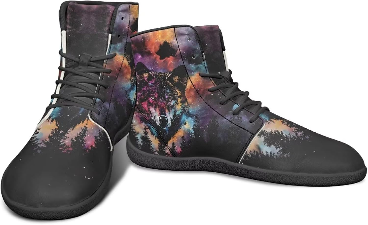 

Мужские кроссовки с высокой посадкой и рисунком животных без подошвы с нулевым перепадом, с резиновой подошвой для бега, походов и путешествий Watdotory, Wolf Galaxy Pattern