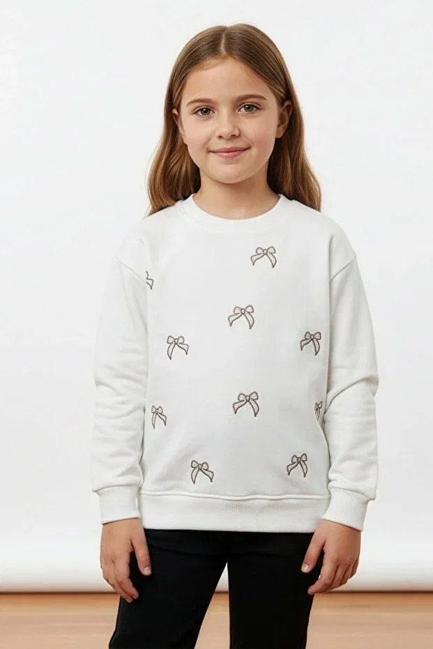 Детские свитшот для девочек с вышивкой бантом Fulla Moda, Ecru