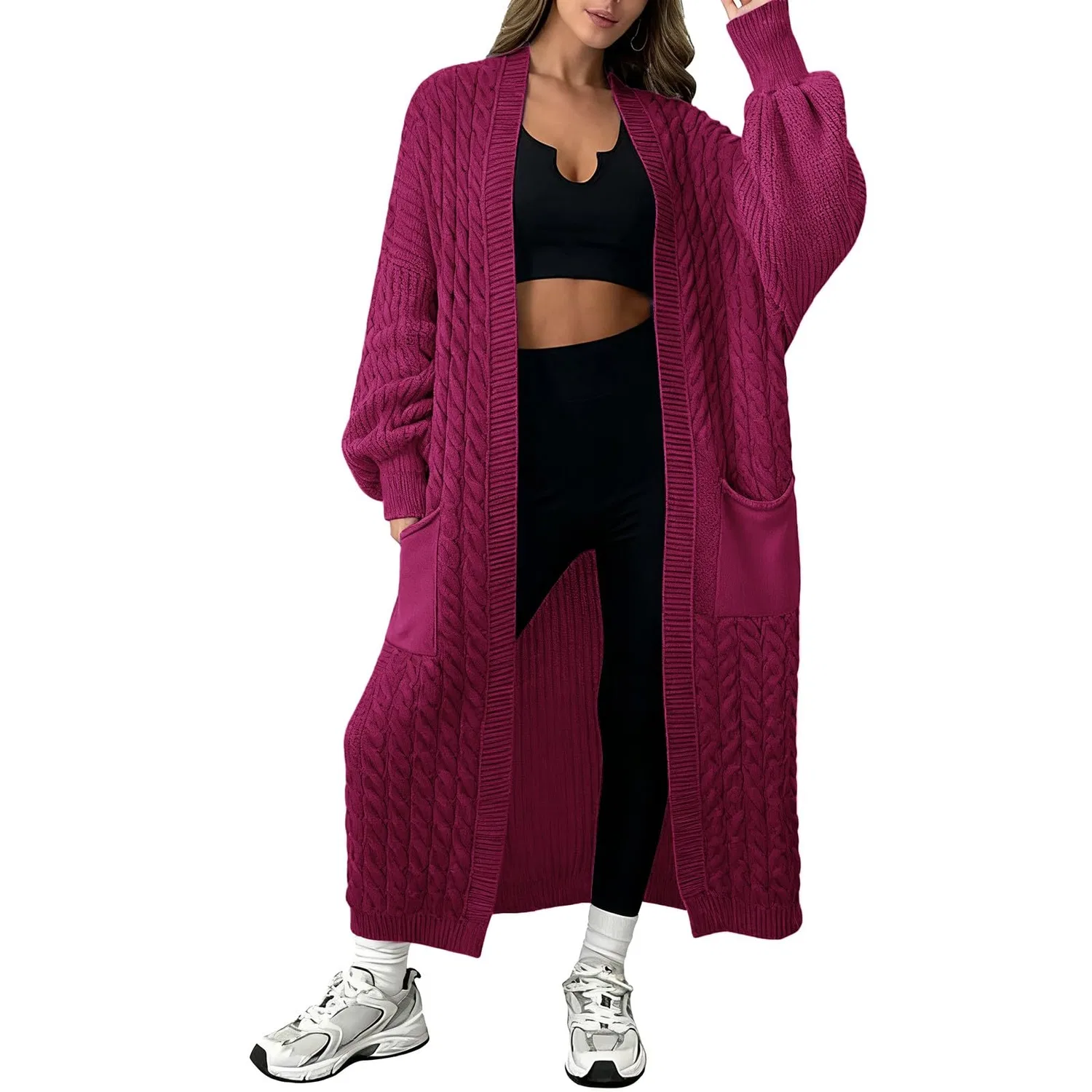 Женское удлиненное пальто-кардиган крупной вязки с карманами, Hot Pink
