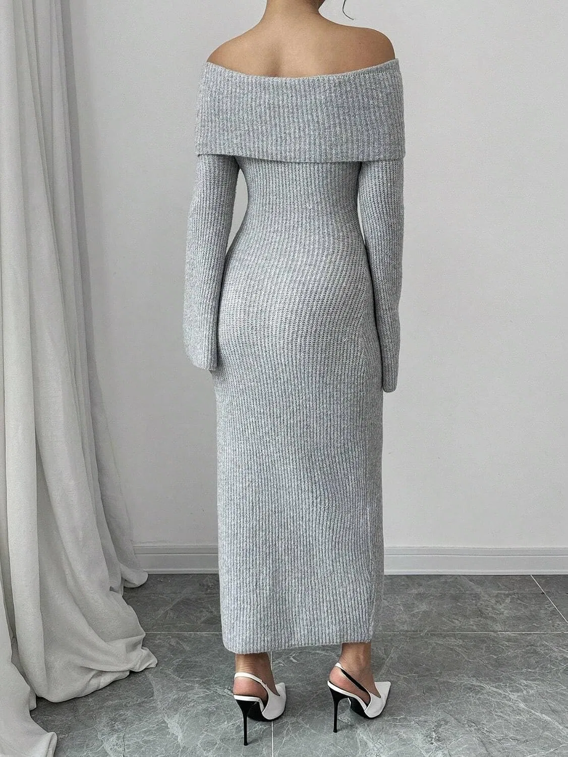 Женское повседневное платье с длинным рукавом Solid Color, Gray — фото 3