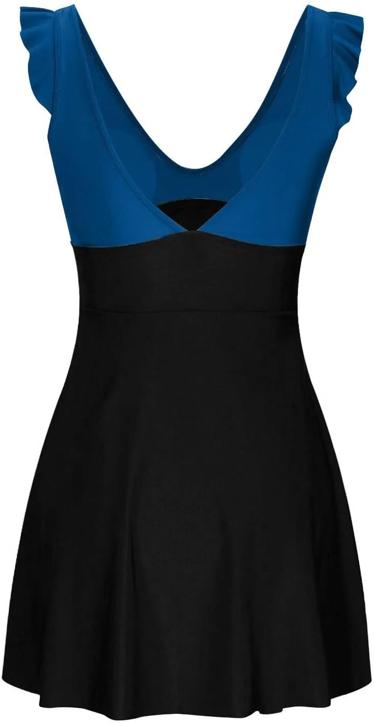 Женский слитный купальник с воланами и вырезами V-образный вырез, Dark Blue — фото 4