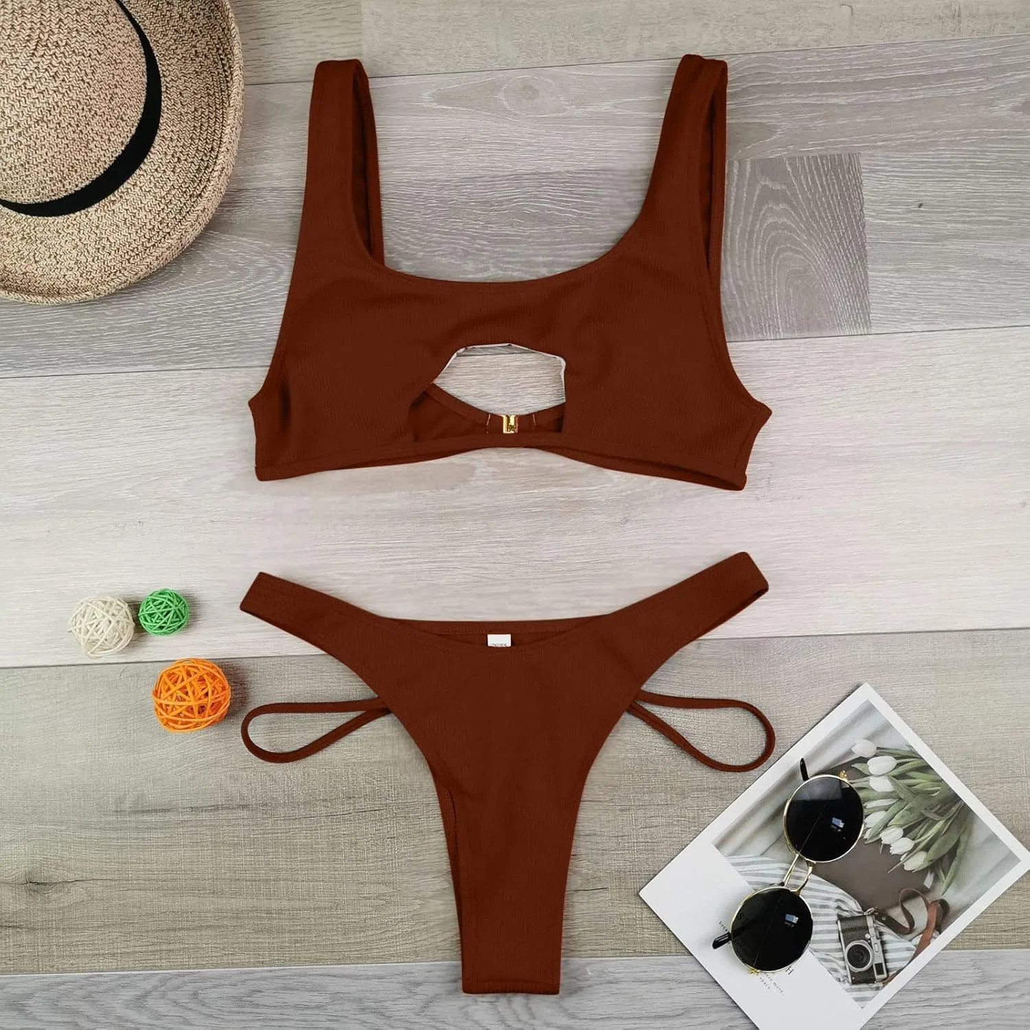 Женский бикини-комплект с V-образным вырезом и регулируемыми бретелями, Coffee — фото 3