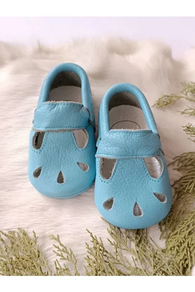 Детские пинетки для новорожденных кожаные Wizy baby blue genuine leather baby booties moccasin Hodore, Baby Blue