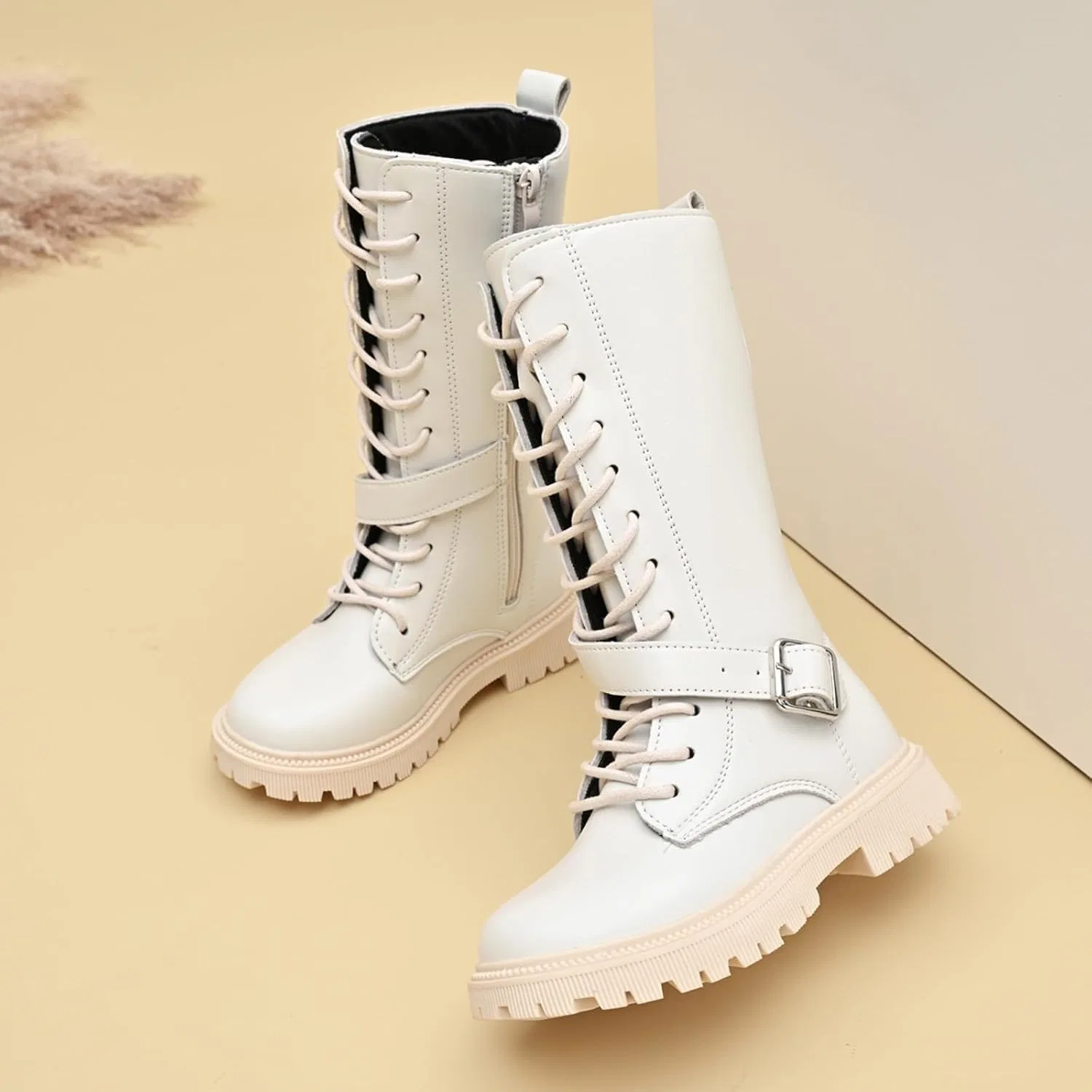 Детские ботинки для девочек на шнуровке с ремешком на пряжке Combat Boots Kids Knee High Lace Up Buckle Strap Riding Booties, White — фото 3