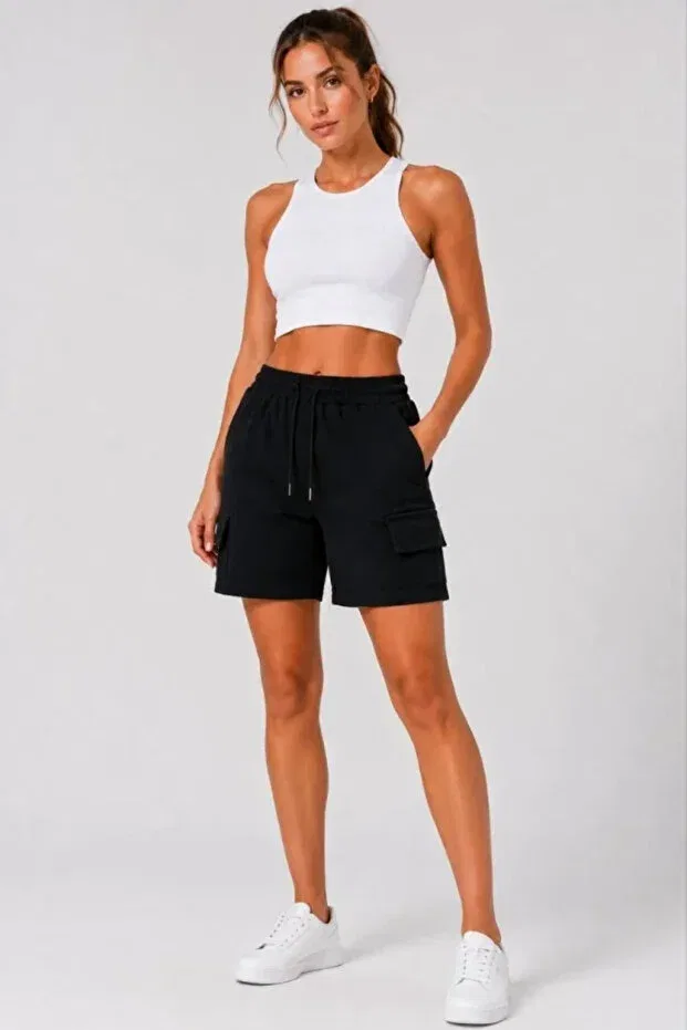 Детские шорты для девочек карго с карманами Vella Moda, Black — фото 2