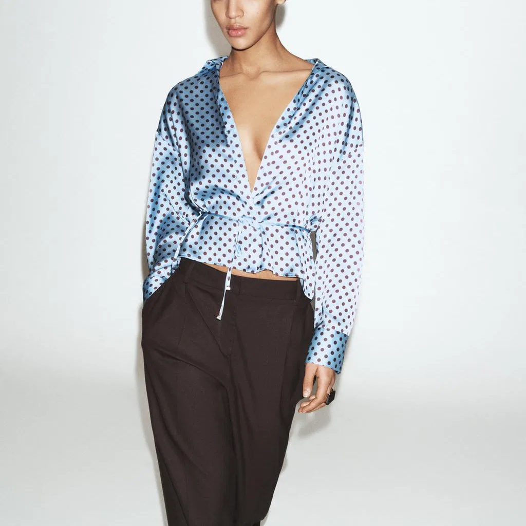 Женская рубашка с лацканами Brown Blue ZARA, Brown Blue — фото 4