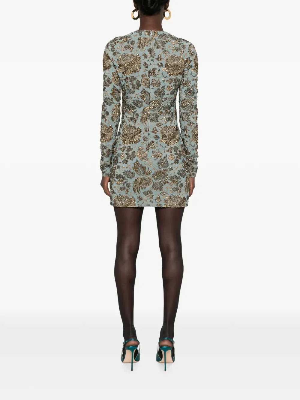 Мини-платье с длинными рукавами из цветочной парчи Saint Laurent, синий — фото 4