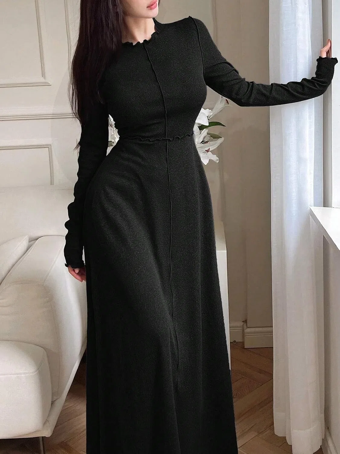 Женское A-силуэта макси-платье с круглым вырезом, Black — фото 3