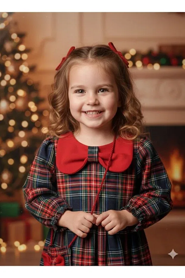 Детское платье для девочек с принтом в клетку комплект New year concept bag + children's dress plaid Baby Rose, Navy Blue — фото 2