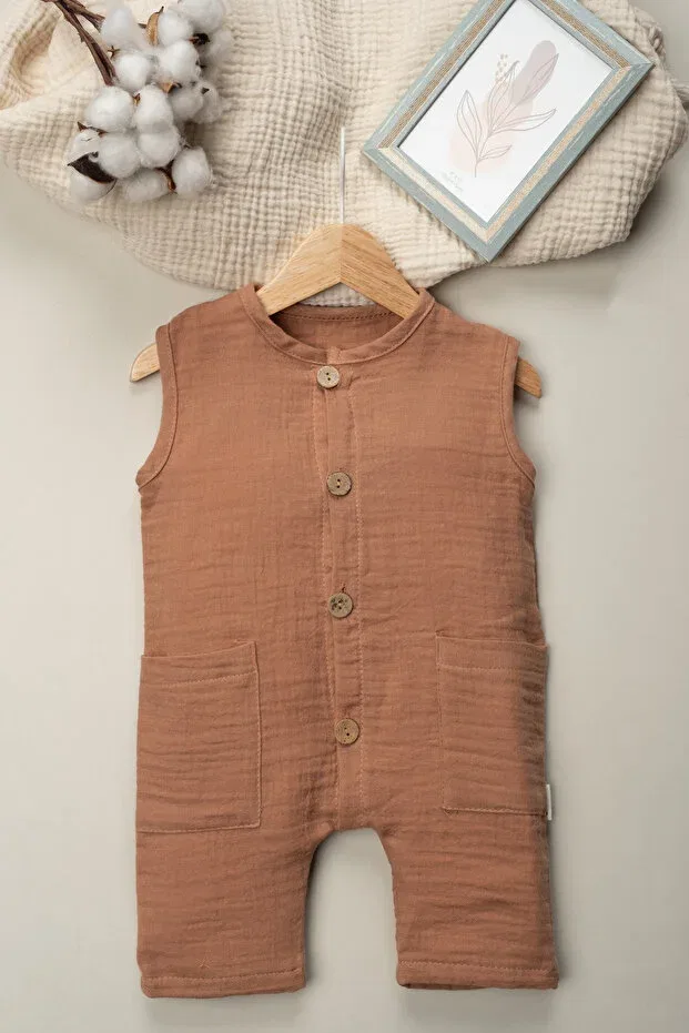 Детский комбинезон для девочек хлопковый Organic Muslin Summer Natural Baby Jumpsuit With Pockets Mai Perla, Cinnamon — фото 3