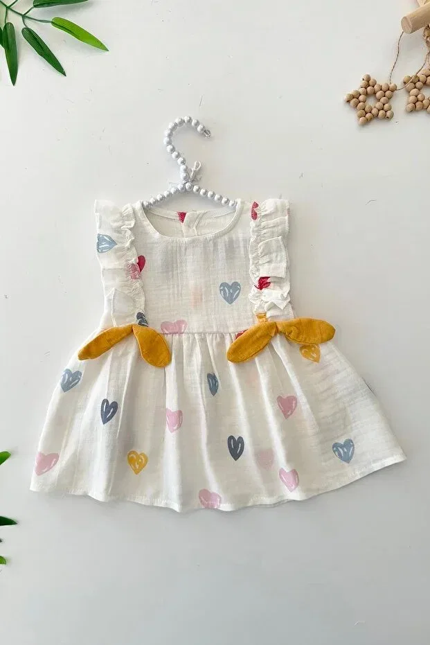 Детское платье для девочек хлопковое My Little Baby Girl's Muslin Colored Heart Printed Bow Minigimin Cicileri, White