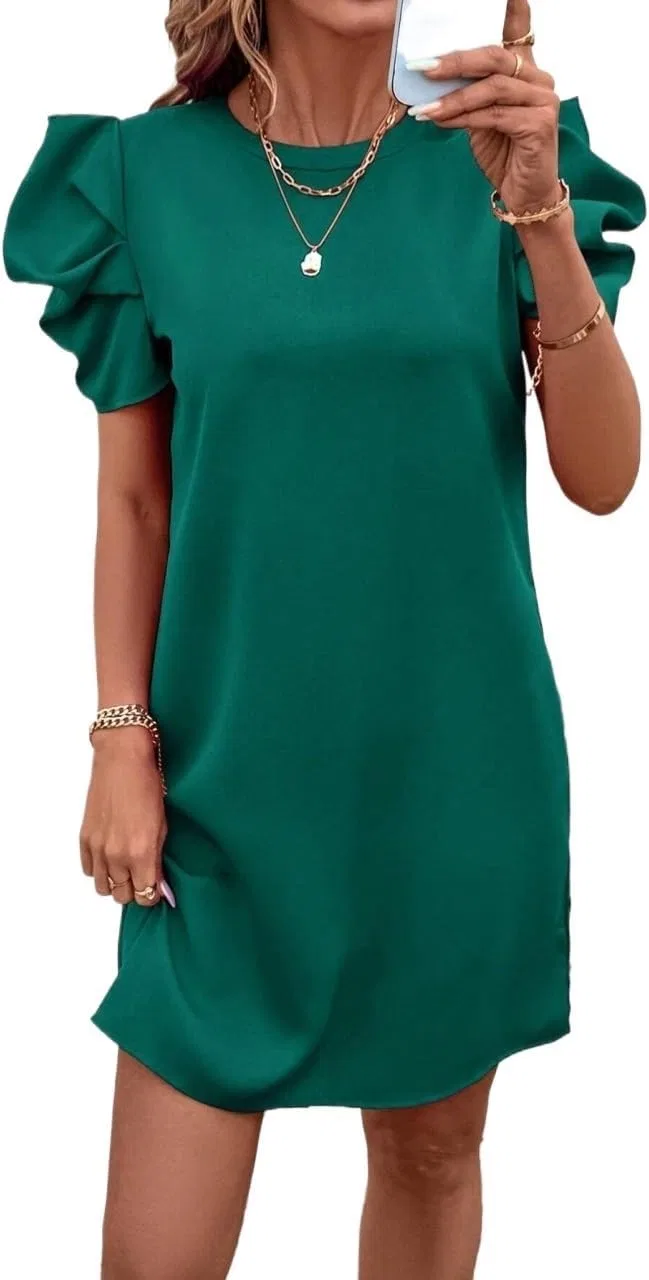 Женское повседневное платье с рюшами Puff Sleeve, Dark Green