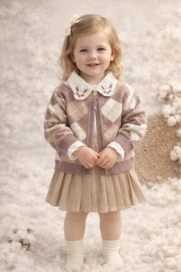 Детский комплект для девочек вязаный с отложным воротником Rabbit collar detail knitwear cardigan and pleated skirts girls' 3-piece set Aslin Store, Purple — фото 2