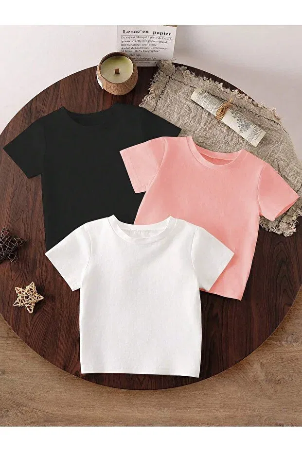 Детский комплект футболок для девочек хлопковый 3 предмета Sportivea, Black Pink White
