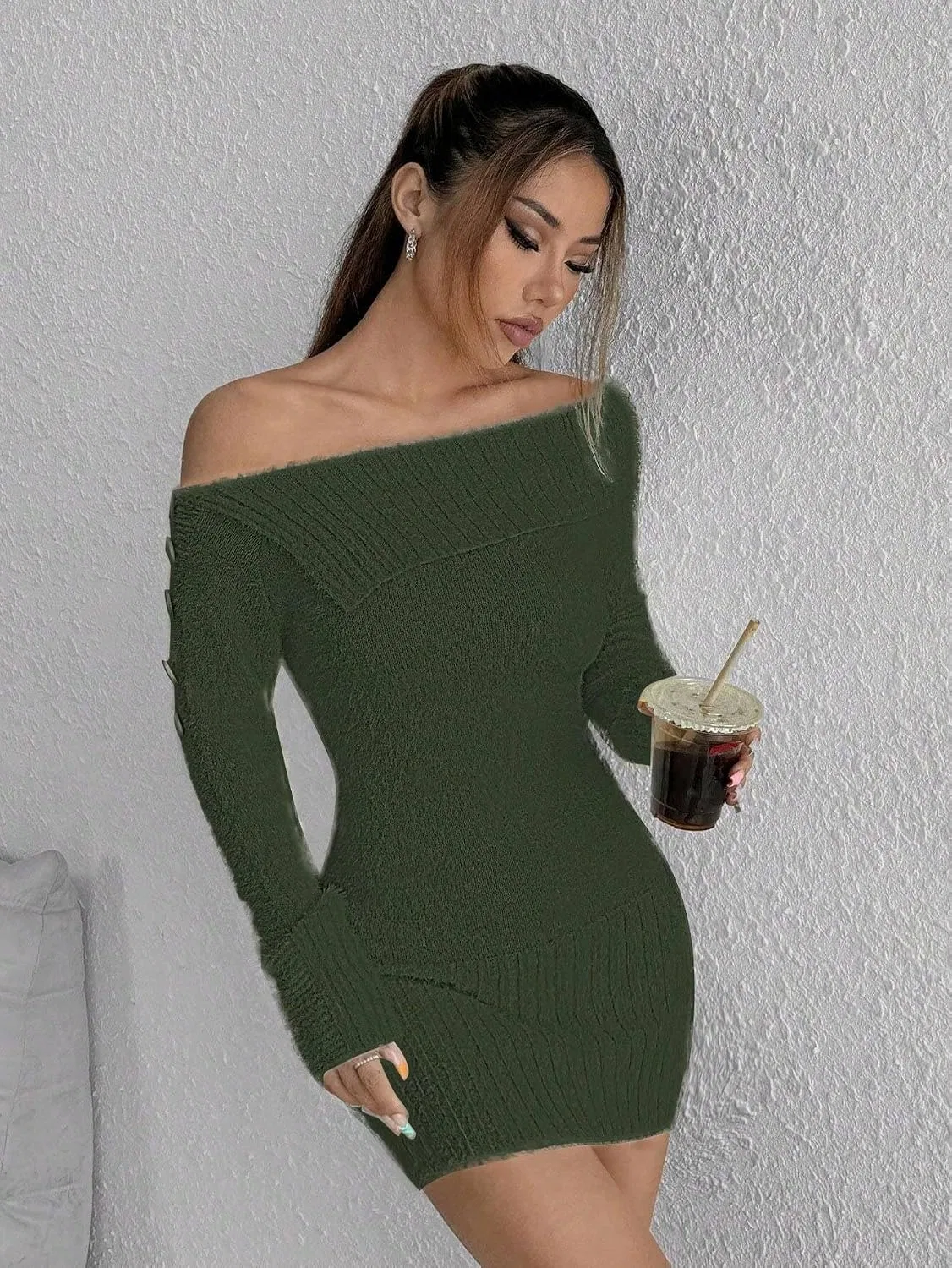 Женское облегающее платье-свитер с длинным рукавом миди, Dark Green — фото 4