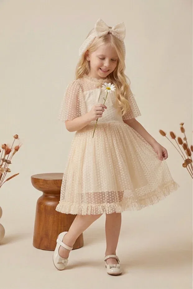 Детское платье для девочек с принтом Dotted Lace Neckline Ruffled Girl's Evening Dress Eray Kids, Nude Color — фото 3