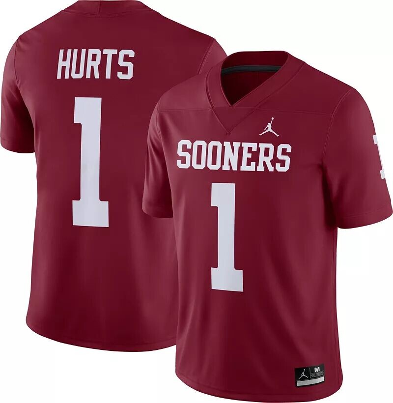 

Мужская футбольная майка Jordan Jalen Hurts Oklahoma Early #1 Crimson Dri-FIT Game Football