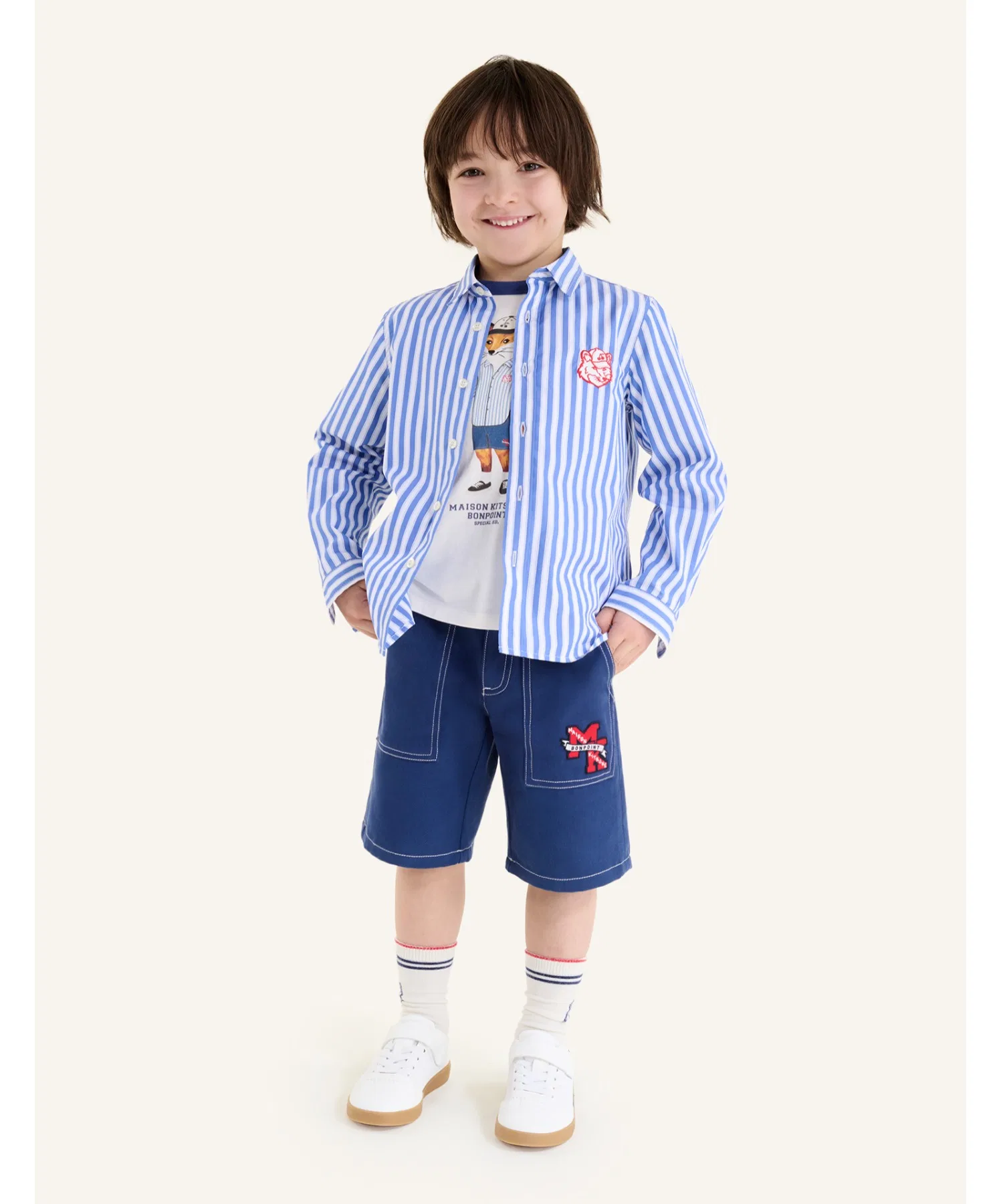 Унисекс полосатая рубашка Maison Kitsune с вышивкой, синяя — фото 4