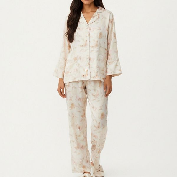 

Женский комплект из 2 предметов: пижамная блуза на пуговицах с цветочным принтом и брюки свободного кроя Anna-Kaci, Light Beige