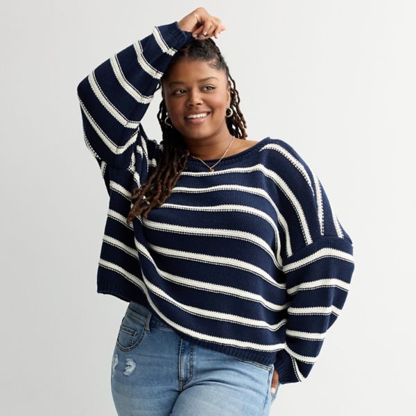 

Джемпер с лодочкой для девушек больших размеров So, цвет navy stripe