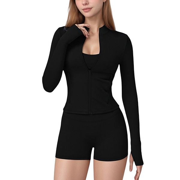 

Женская спортивная куртка с длинным рукавом, молнией, отверстиями для большого пальца и высоким воротником Anna-Kaci, Black