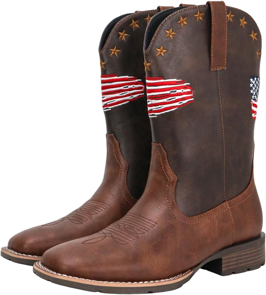 

Мужские ковбойские сапоги Santimon в западном стиле с вышивкой американского флага, сапоги Roper на среднюю голень, коричневый