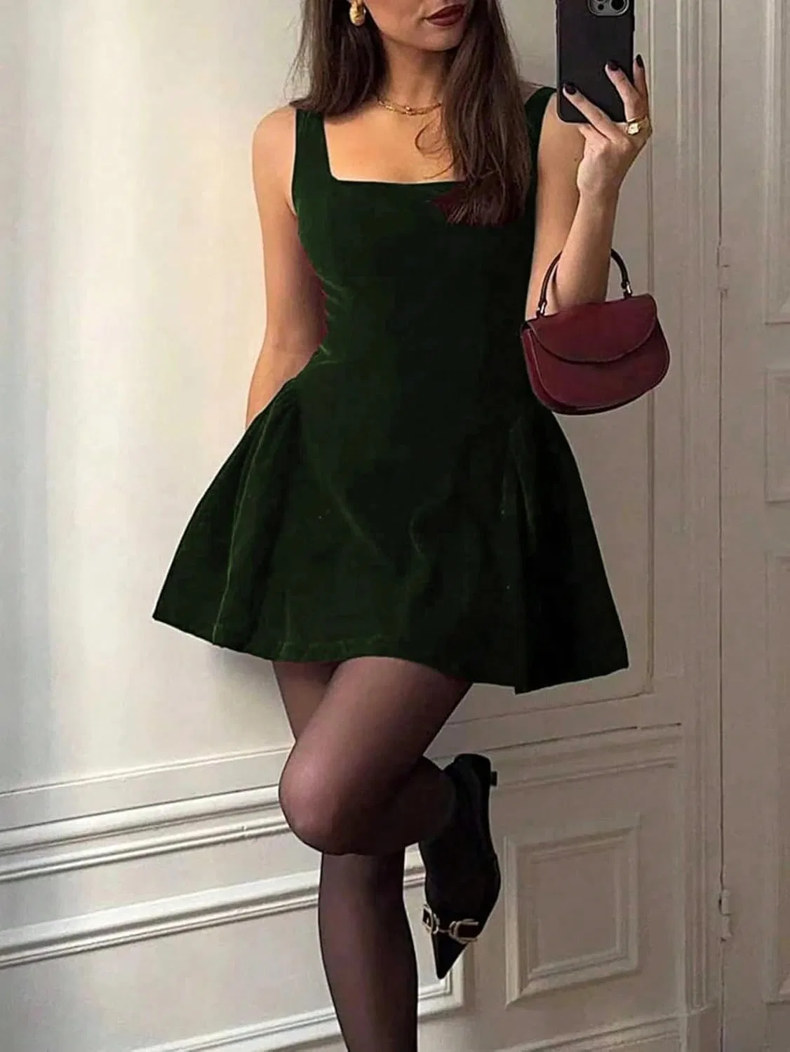 Женское элегантное A-силуэта мини-платье с открытой спиной Dark Green — фото 3