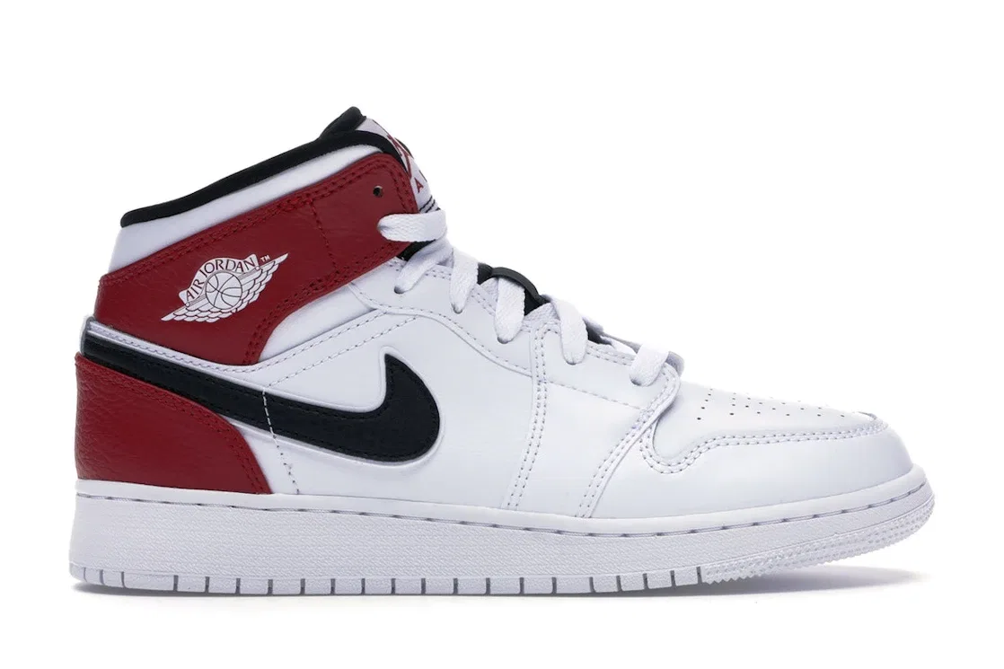 Детские кроссовки с высоким верхом Jordan 1 Mid, White/Black-Gym Red