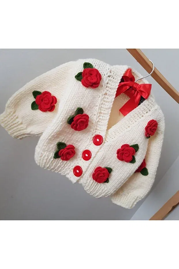 Детский кардиган с длинным рукавом Rose Detailed Hand Knitted Children's Cardigan El Örgüsü, White — фото 3