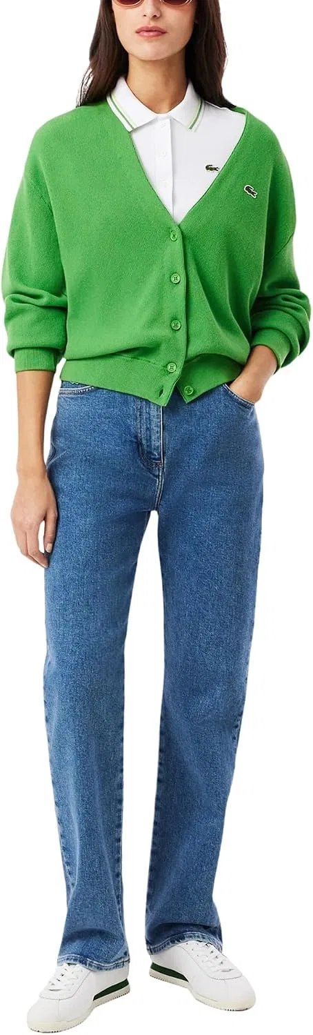 Женская хлопковая рубашка-поло Slim Fit Trim Detail Lacoste, White Sencha Billiard Green — фото 3