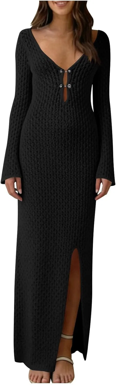 Женское летнее платье макси с V-образным вырезом Knitting Cotton, Black