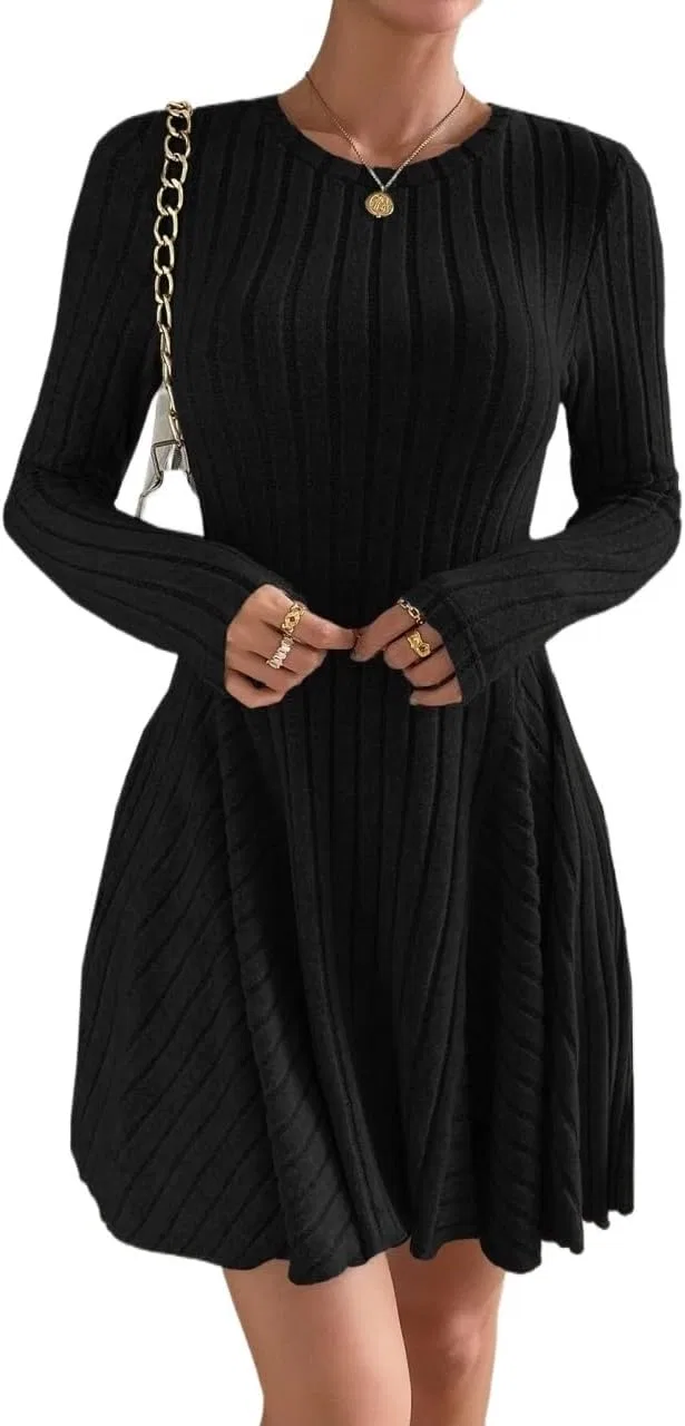 Женское короткое A-силуэта платье с длинным рукавом Rib Knit, Black