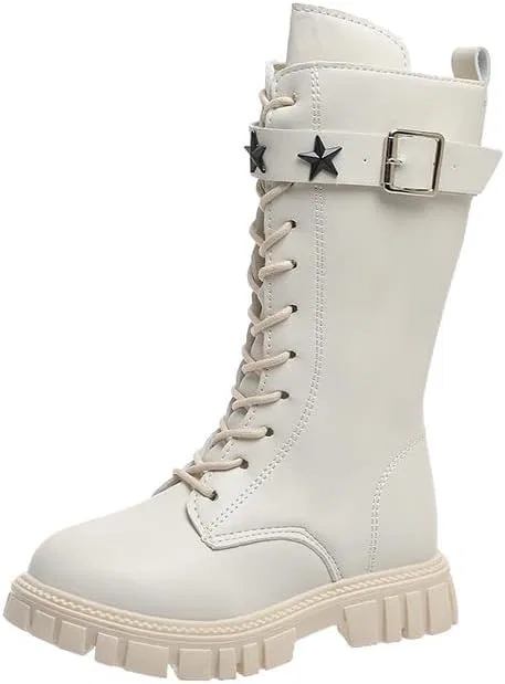 Детские ботинки для девочек с принтом, модель Girls White Combat Boots, White Stars