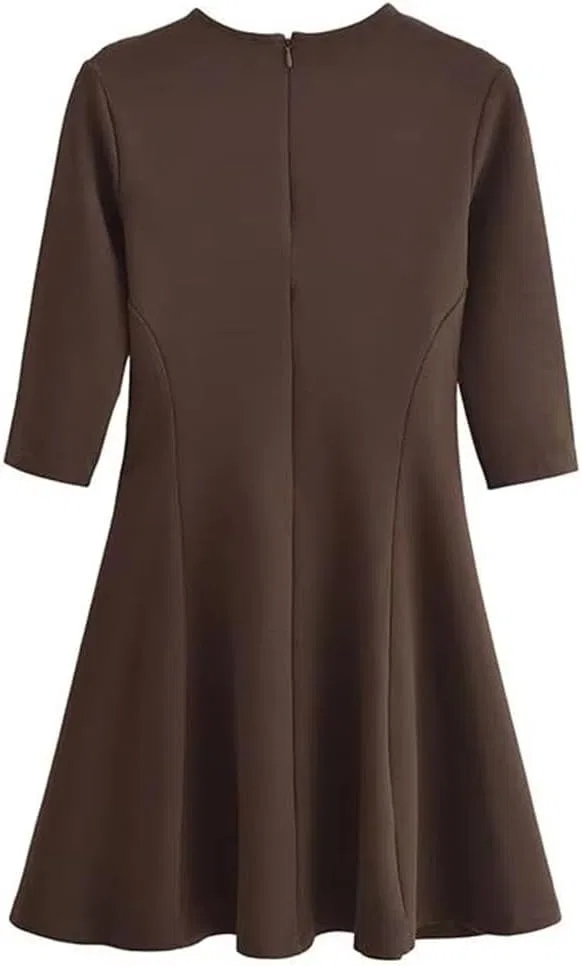 Женское короткое платье A-силуэта с круглым вырезом, Solid, Black — фото 3