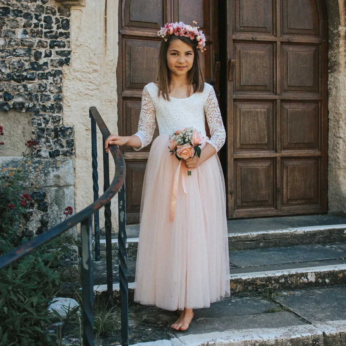 Платье с длинным рукавом Bohemian Classic Uk Flower Girl Boutique, Peach