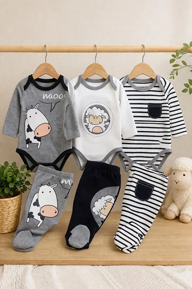 Детский комбинезон с принтом Lamb and cow patterned 3-piece baby top and bottom set Bubito, Multicolored