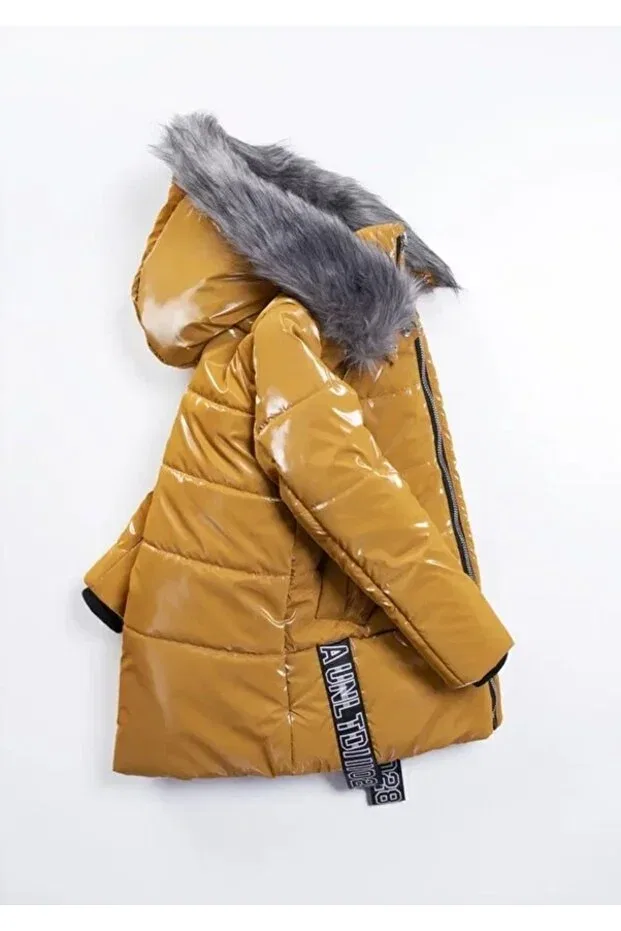 Детское пальто для девочек утепленное с капюшоном из флиса Midimod Gold, Hardal — фото 4