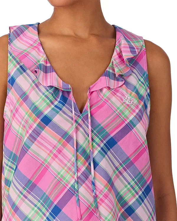 Женская пижама с воланами и завязками Sleeveless Fashion Lawn Flutter Neck Boxer Pajama Set Ralph Lauren, Pink Plaid — фото 2