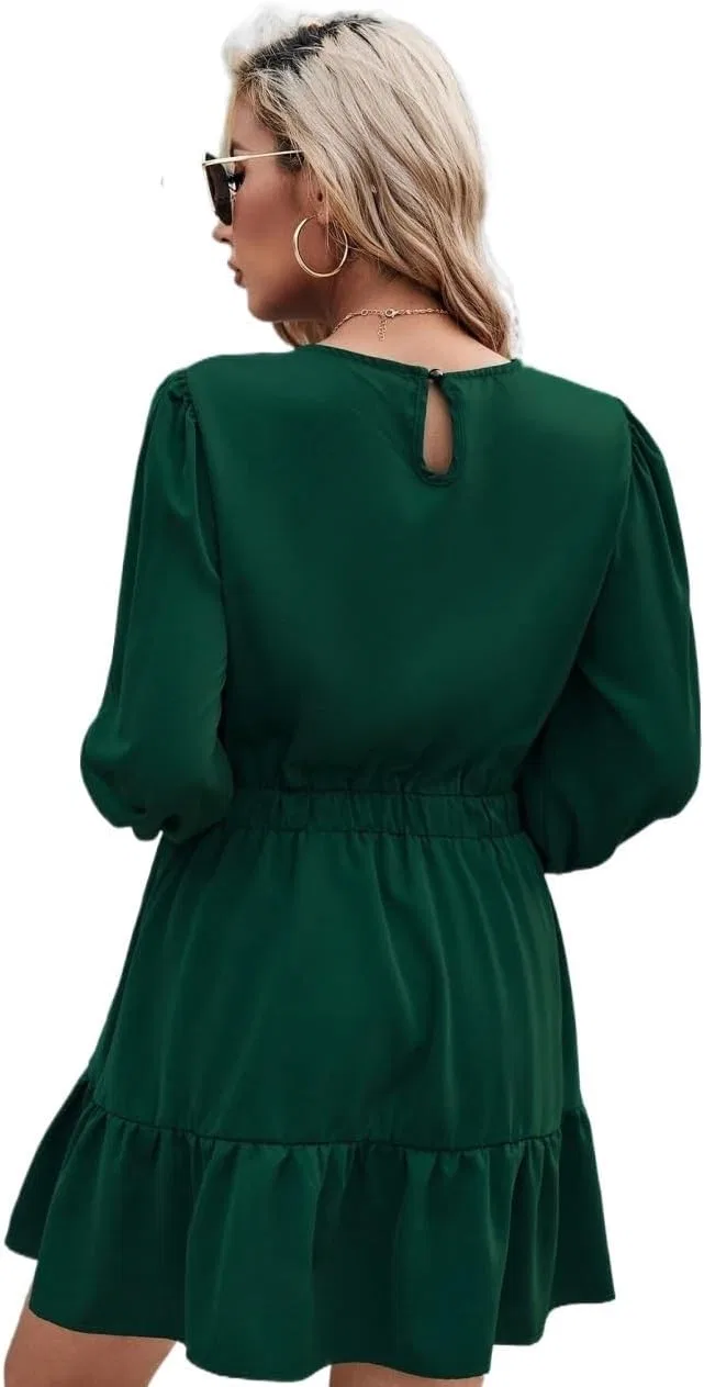 Женское платье А-силуэта с длинным рукавом и рюшами, Dark Green — фото 3