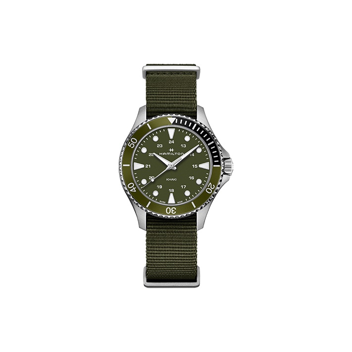 

Hamilton Часы Khaki Marine Collection Quartz Movement Men's Watch Watch 37mm Green Dial Stainless Steel Case Fabric Strap, Green Dial