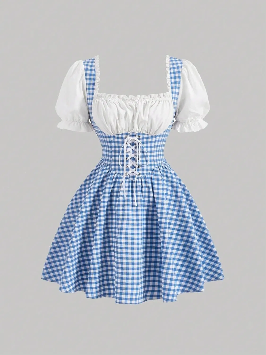 Женское повседневное платье A-силуэта с пышными рукавами, клетка, Blue and White — фото 2