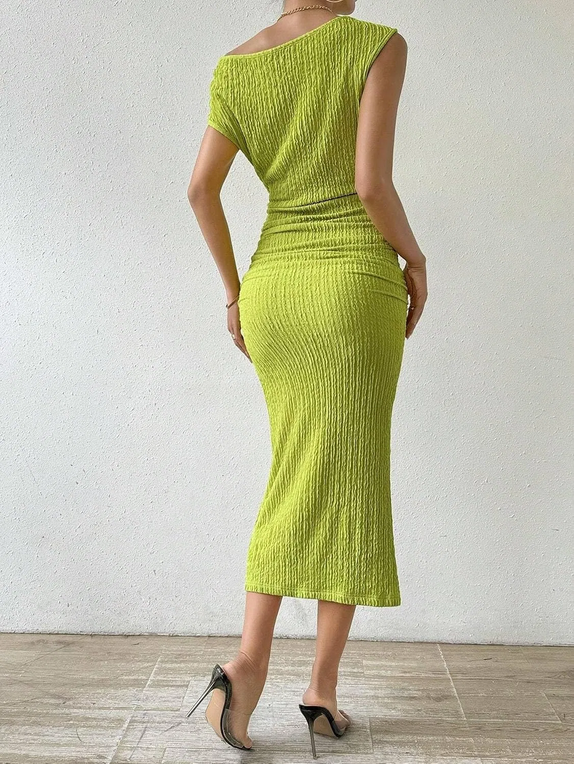 Женское элегантное платье миди с асимметричным вырезом Bodycon, Green — фото 4